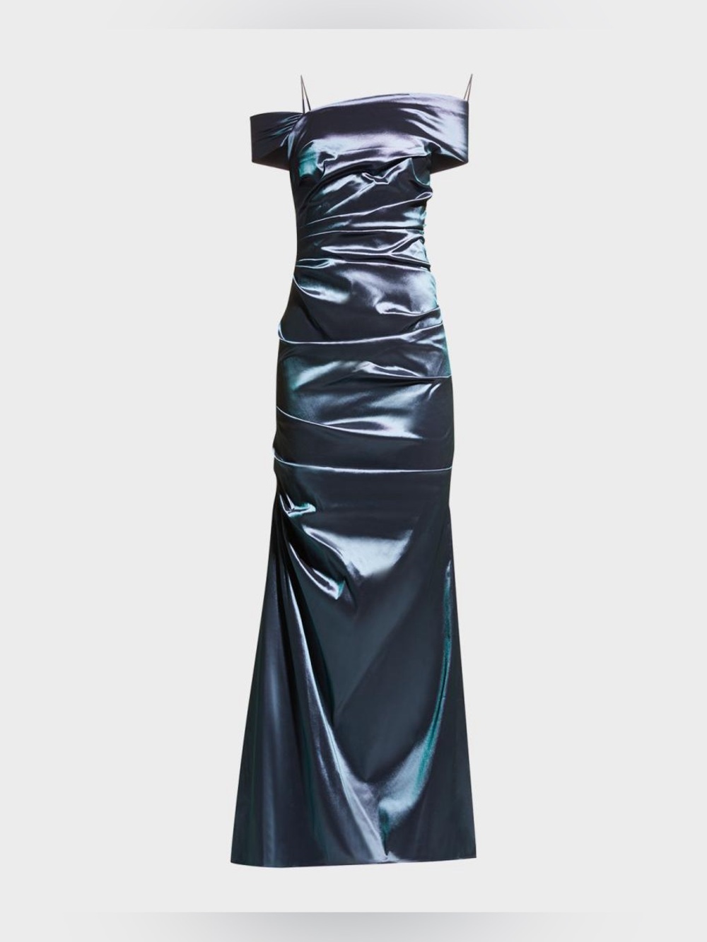Rickie Freeman for Teri Jon
Off-Shoulder Ruched Taffeta Gown (SLATE COLOR)